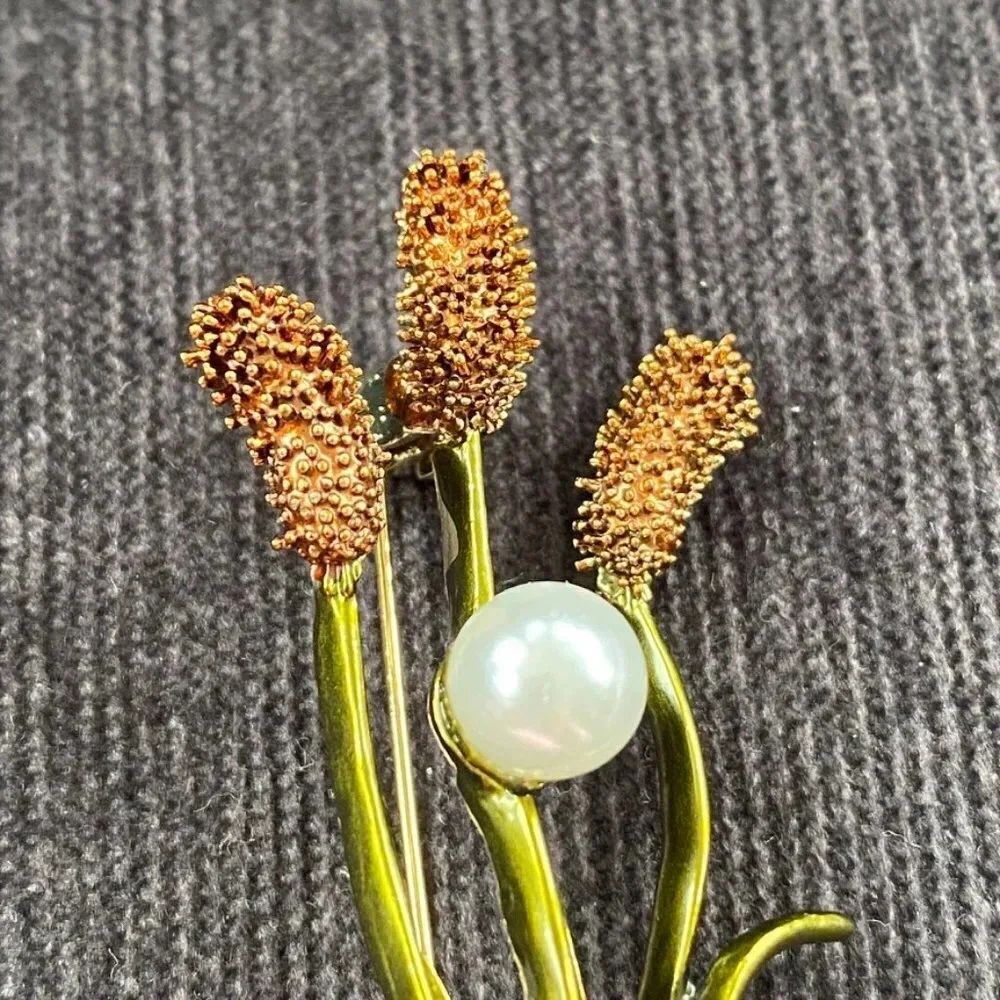 Cattail Enamel Brooch with Faux Pearl
